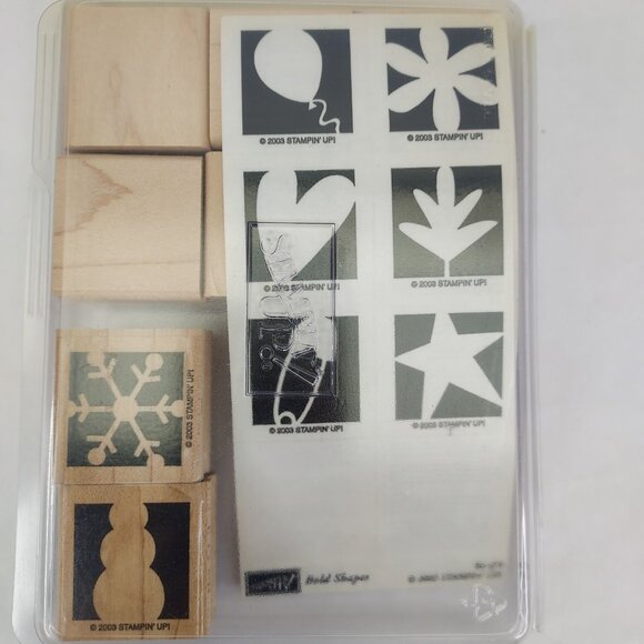 Stampin' Up! BOLD SHAPES Set Of 8 Rubber Stamps On Wood Blocks Star Flower Heart - Picture 1 of 4